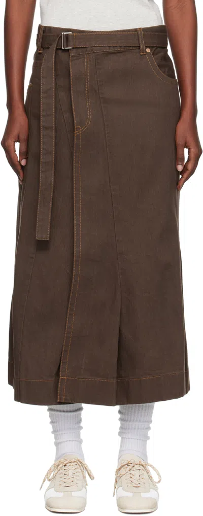 Sacai Brown Asymmetrical Denim Midi Skirt