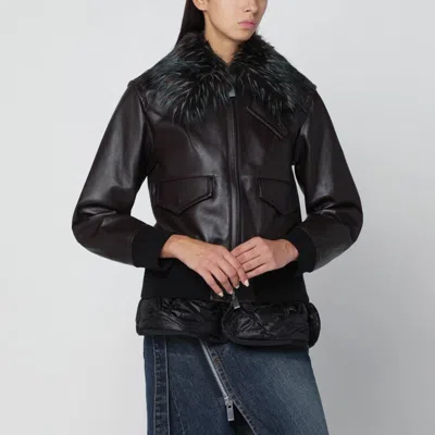 Sacai Brown Bi-material Bomber Jacket With Zip In Multi