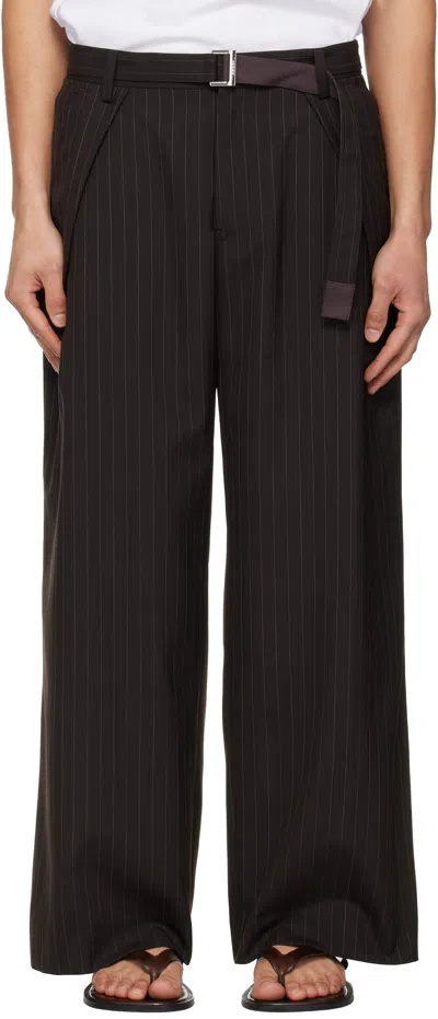 Sacai Brown Chalk Stripe Trousers In Black