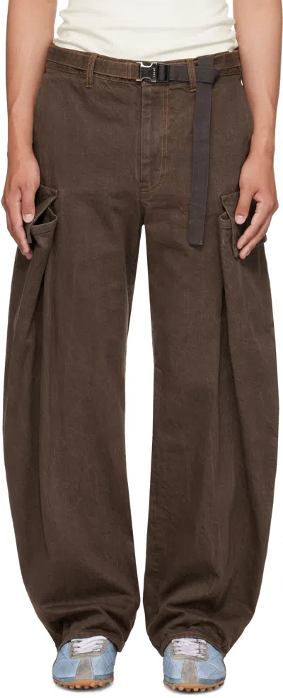 SACAI BROWN COTTON DENIM CARGO PANTS