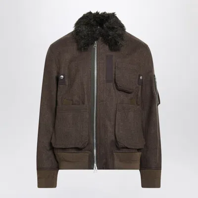 Sacai Brown Melton Wool Blouson Jacket In Multi