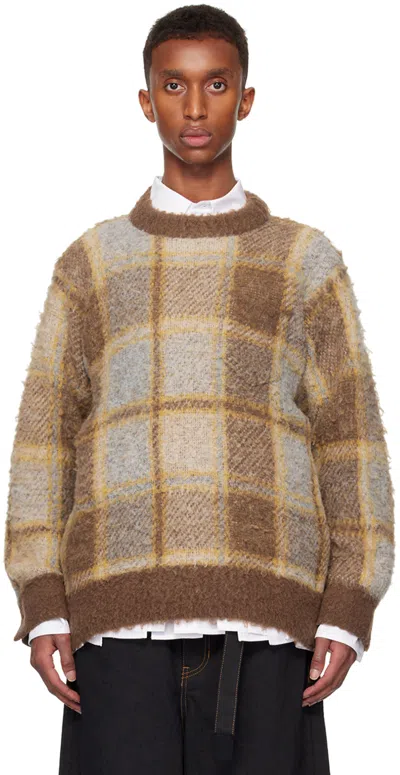 Sacai Brown Plaid Knit Sweater In 601 Brown