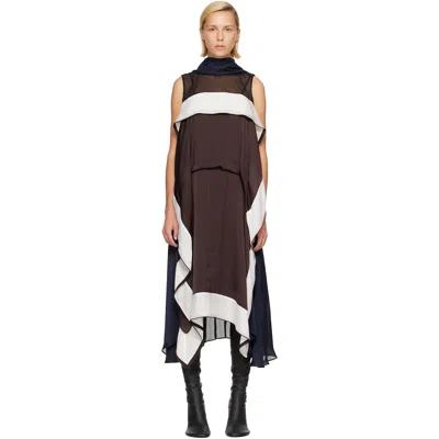 Sacai Brown Satin & Chiffon Midi Dress In Multi