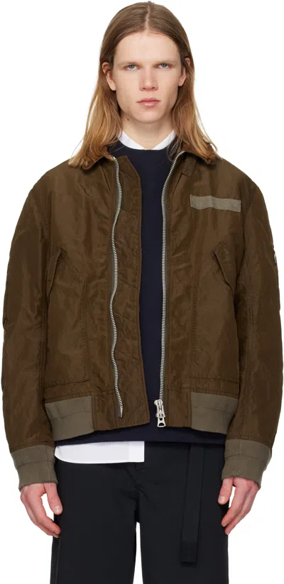Sacai Brown Treated Nylon Twill Bomber Jacket In Multi