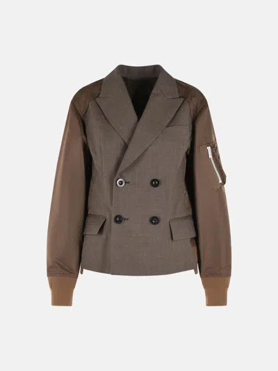 Sacai Wool Blend Blazer Double Breasted Design In Brown