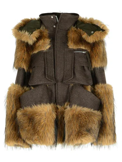 Sacai Fur-trimmed Wool Jacket In Brown