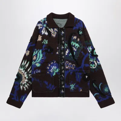 Sacai Floral Jacquard Knit Blouson Cardigan Sweater In Blue