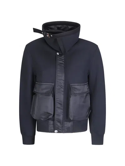 Sacai Buckled High-neck Oversized Jacket In Blue