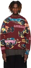 Sacai Burgundy Car Race Print Knit Pullover Sweater In 701 Bordeaux
