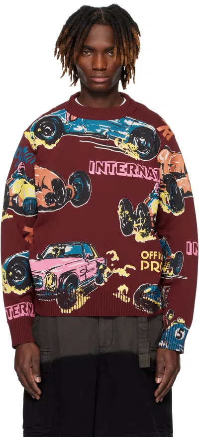 Sacai Burgundy Car Race Print Knit Pullover Sweater In 701 Bordeaux