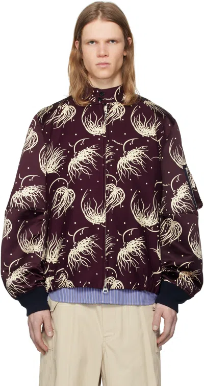 Sacai Burgundy Dot Flower Print Bomber Jacket In 701 Bordeaux