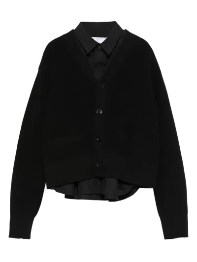 Sacai Ribbed V-neck Cardigan Box-pleat Detail In Black
