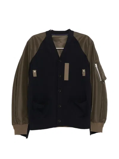 Sacai Cotton Blend Cardigan Contrast Sleeves Pockets In Blue