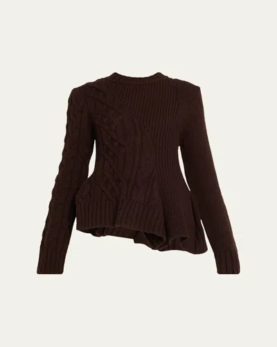 Sacai Cable Knit Asymmetric Peplum Sweater In Brown