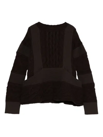 Sacai Cable-knit Panelled Sweater In Burgundy