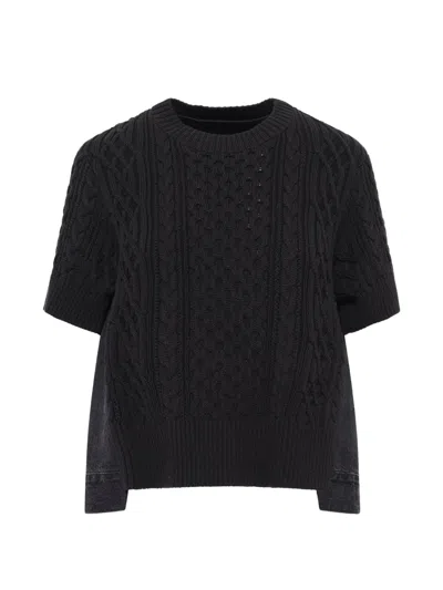 Sacai Cable-knit Hybrid-denim Sweater In Black