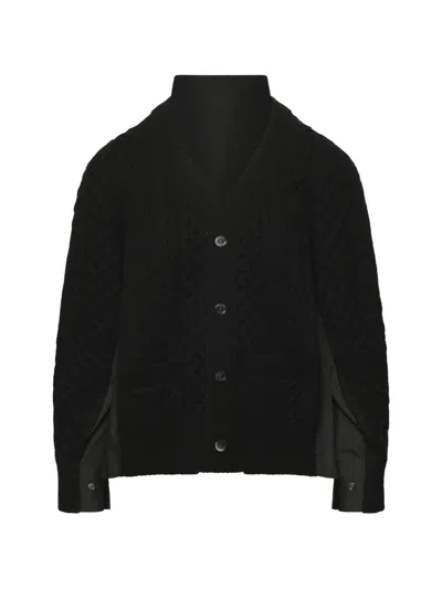Sacai Cable-knit Panelled Cardigan In Black