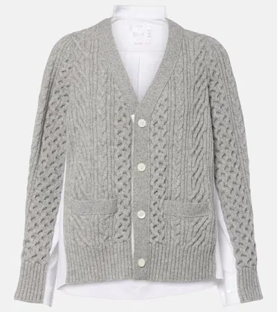 Sacai Cable-knit Wool And Poplin Cardigan In Gray