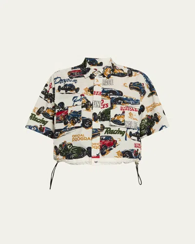 Sacai Car Print Cropped Drawcord Blouse In Ivory Car Race
