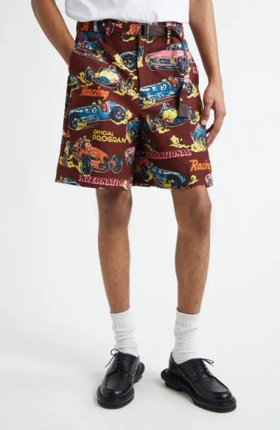 Sacai Car Race Print Shorts In Bordeaux Car Race