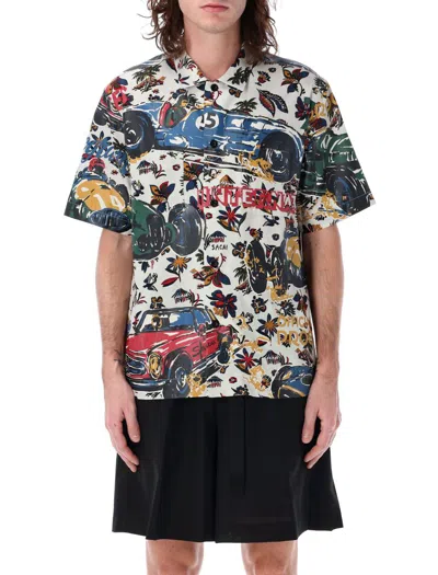 Sacai Car Race Tropical Print Bowling Shirt In Ivory Multi