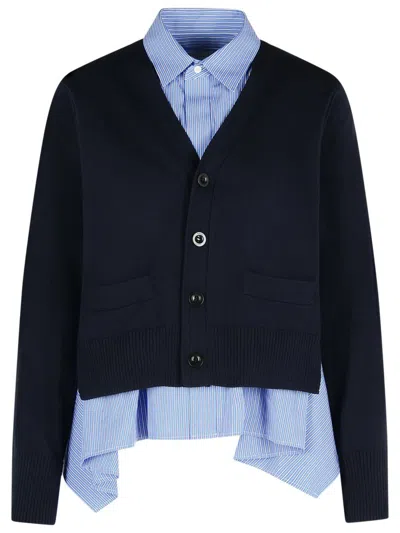 Sacai Cardigan In Navy Cotton Blend