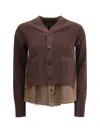 Sacai Cardigan With Denim Panel In Brown