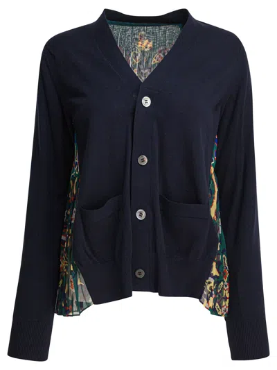 Sacai Floral Print Paneled Cardigan In Blue