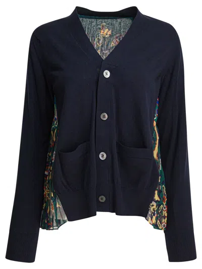 Sacai Floral Print Paneled Cardigan In Blue