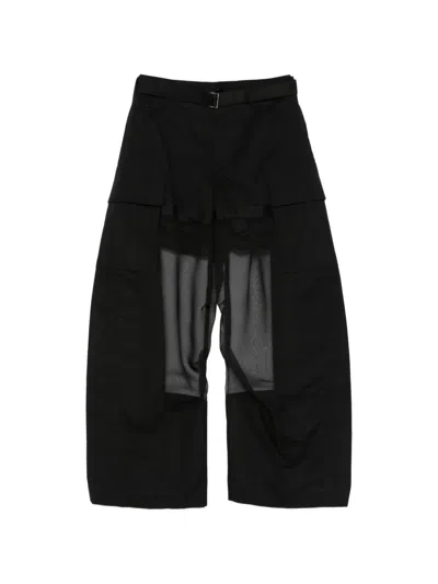 Sacai Cargo-pocket Sheer-detail Trousers In Black