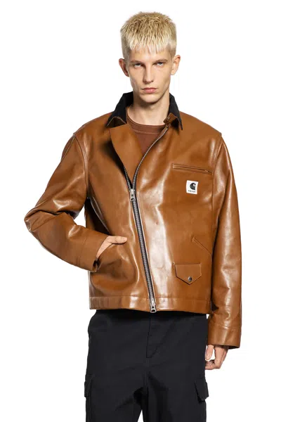 Sacai Carhartt Wip Collaboration Leather Jacket In Brown
