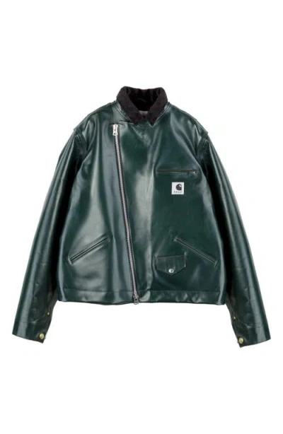 Sacai X Carhartt Wip Zipped Leather Jacket In Green