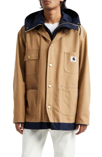 Sacai Carhartt Wip Reversible Cotton Canvas Coat In Beige/navy