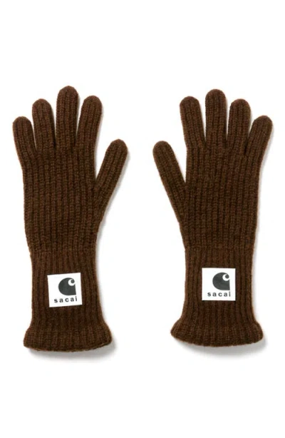 Sacai Carhartt Wip Rib Wool & Nylon Gloves In Brown