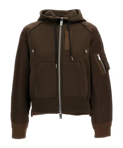 Sacai Casual Hooded Jacket In Brown
