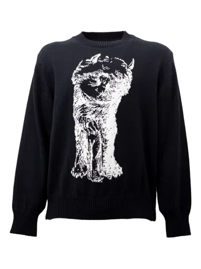 Sacai Cat-print Crew-neck Sweater In Black