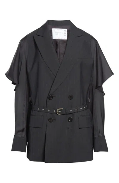 Sacai Chalk Stripe Mixed Media Belted Blazer In Black