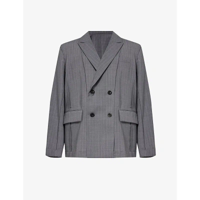 Sacai Mens Gray Chalk Stripe-pattern Double-breasted Woven Jacket
