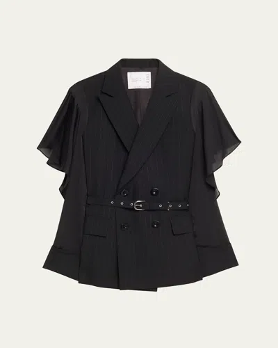 Sacai Chalk Striped Belted Double-breasted Jacket In Black