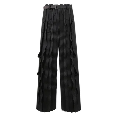 Sacai Chalk Striped Belted Melton Pants In Black