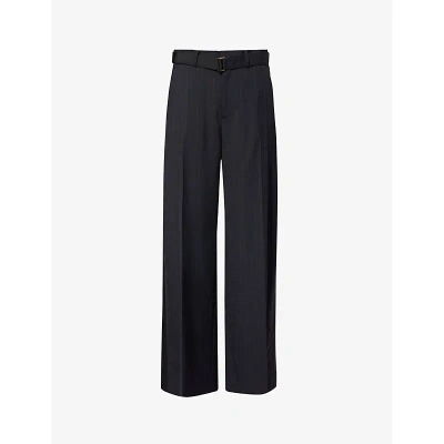 Sacai Womens Navy Chalk Wide-leg High-rise Woven Trousers