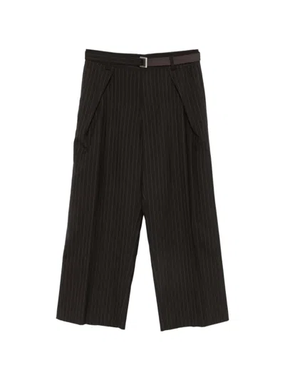 Sacai Chalk-stripe Belted Trousers In Brown