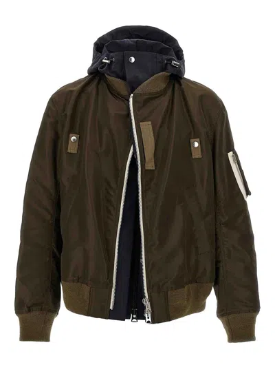 Sacai Hooded Nylon Bomber Jacket In Green