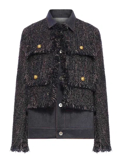Sacai Tweed And Denim Blouson In Blue