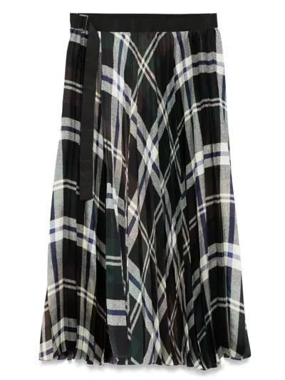 Sacai Patchwork Checked Chiffon Maxi Skirt In 564 Green*brown