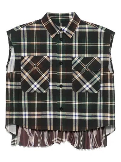 Sacai Womens Plaid-print Pleated Sleeveless Woven Shirt Green Brown In Green/brown