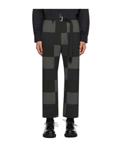 Sacai Checkerboard-print Cotton Chino Trousers In Black