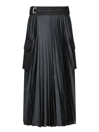 Sacai Checkered Black Pleated Long Skirt