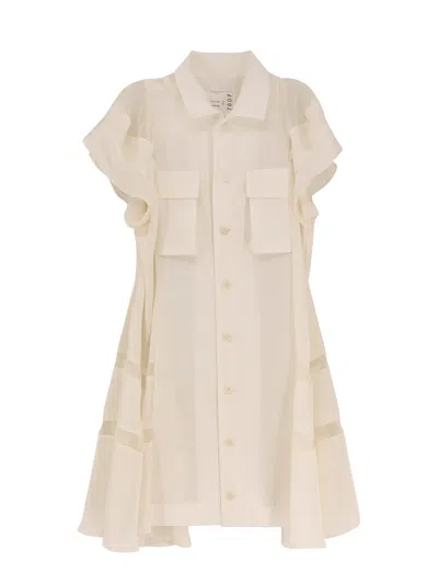 Sacai Chemisier Dress With Voile And Satin Inserts In White