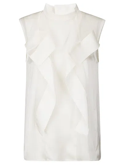 Sacai Chiffon And Satin Pullover With Ruffled Detail In White